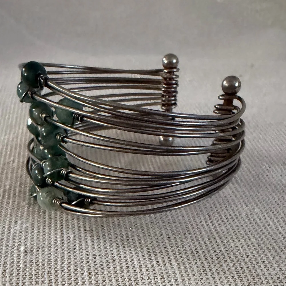Handcrafted Green Beaded Multi-Row Wire Cuff Bracelet